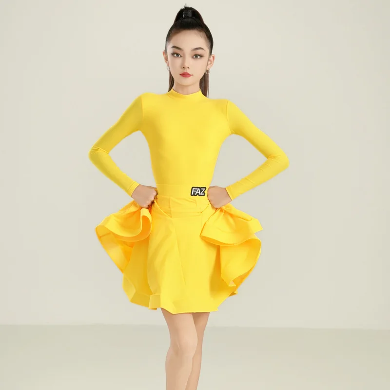 여아용 FAZ 라틴 댄스 스커트 대회, 대형 스커트, 공연 의상 포함, 9 가지 색상 볼룸 원피스 표준