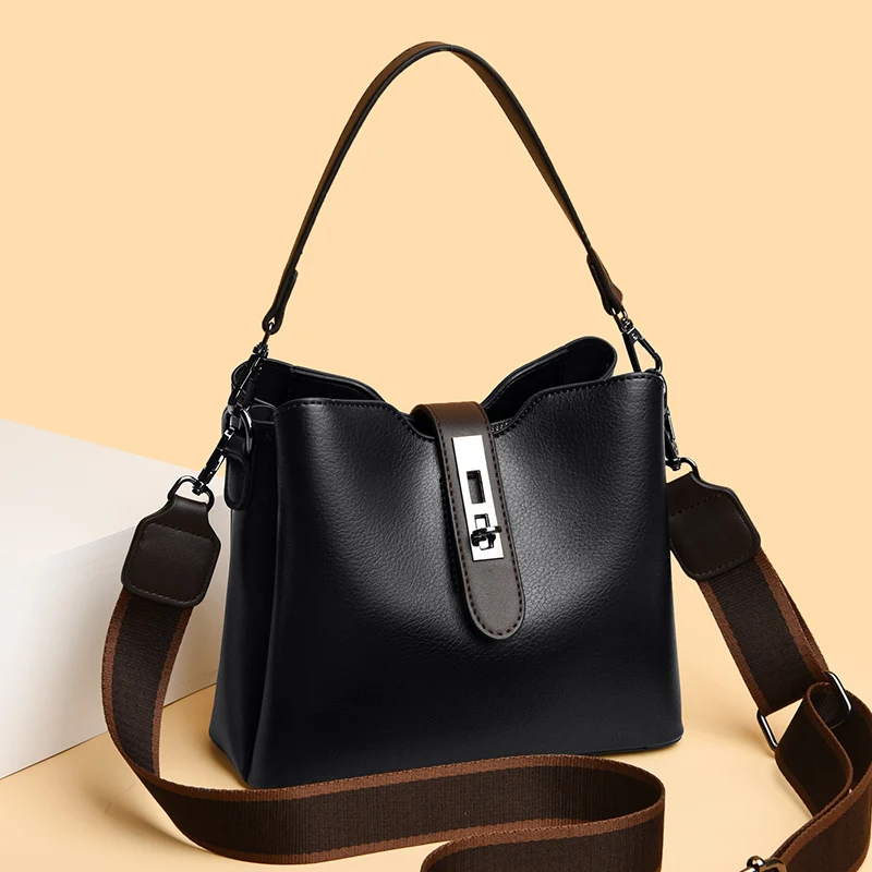 

Classic Bucket Crossbody Bags for Women Solid Shoulder Bag High Quality Soft PU Leather Handbag Purses With 3 Straps sac femme