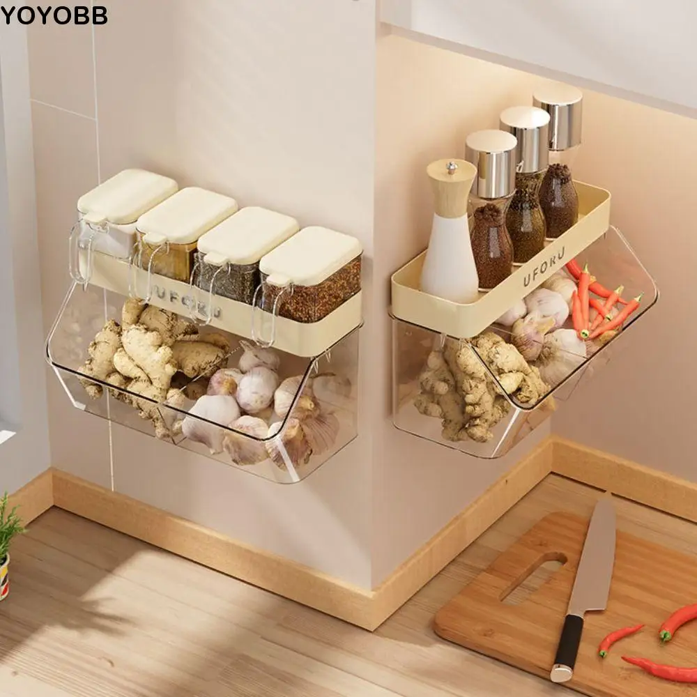 

Wall-mounted Condiment Jar Storage Rack Space-saving Durable Kitchen Organizer Rack Plastic Ginger Garlic Storage Box