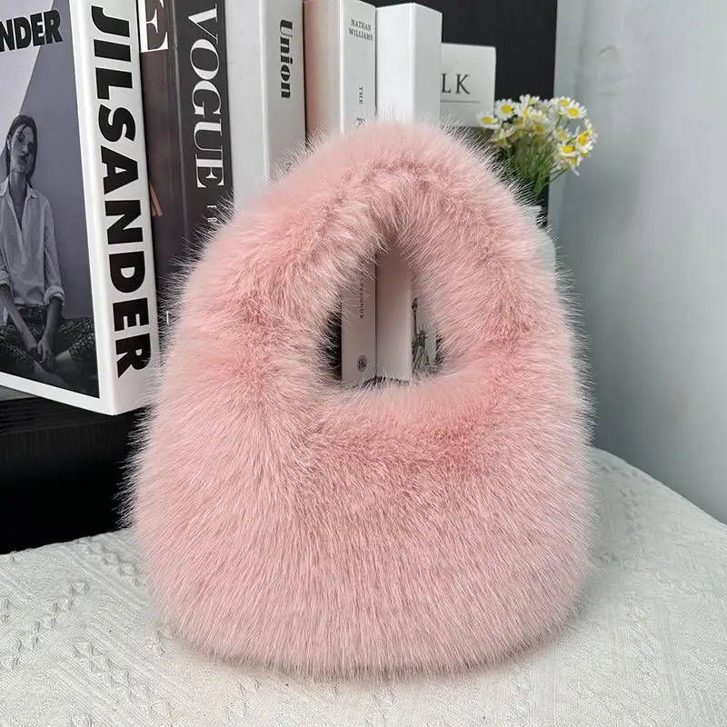 

Fashion Soft Plush Half Moon Bags For Women Designer Fluffy Faux Fur Lady Handbags Luxury Small Tote Female Winter Purses 2025