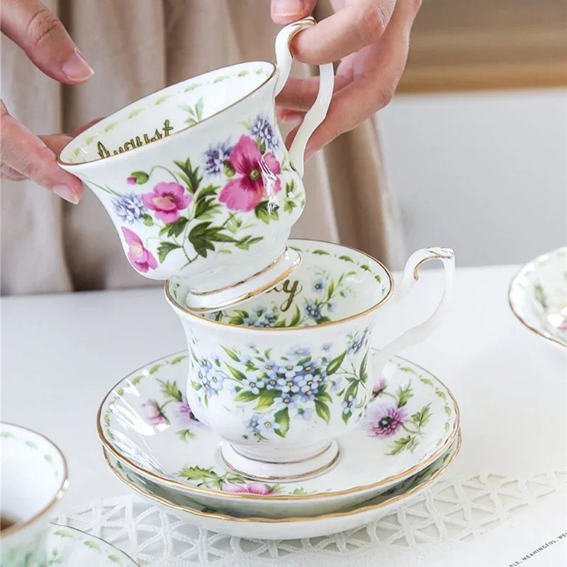 Royal Bone china Coffee Cup and Saucer set British Style Flower Month Tea Cup Household Afternoon Tea Cup for Gift Box
