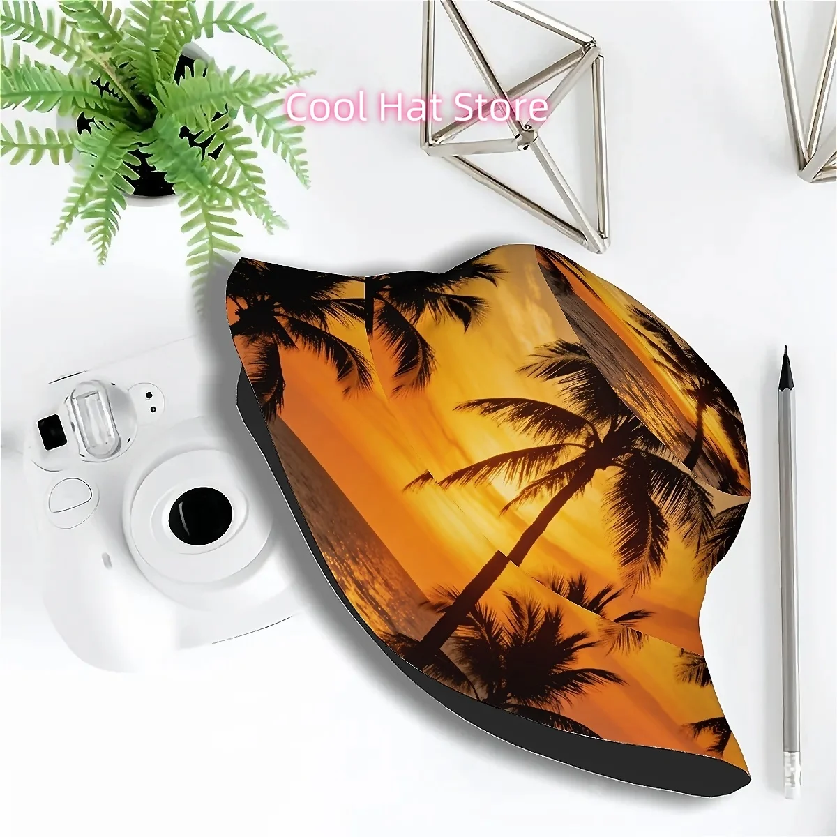 1pc Tropical Seaside Sunset Pattern Unisex Printed Fisherman Hat, Stylish Hat with Fun Personality, Outdoor Vacation Golf Beach