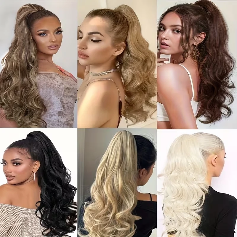 Synthetic Multicolor Ponytail Hair Extensions Long Fluffy Wavy Heat Resistant for Women Curling Pieces Daily image 6