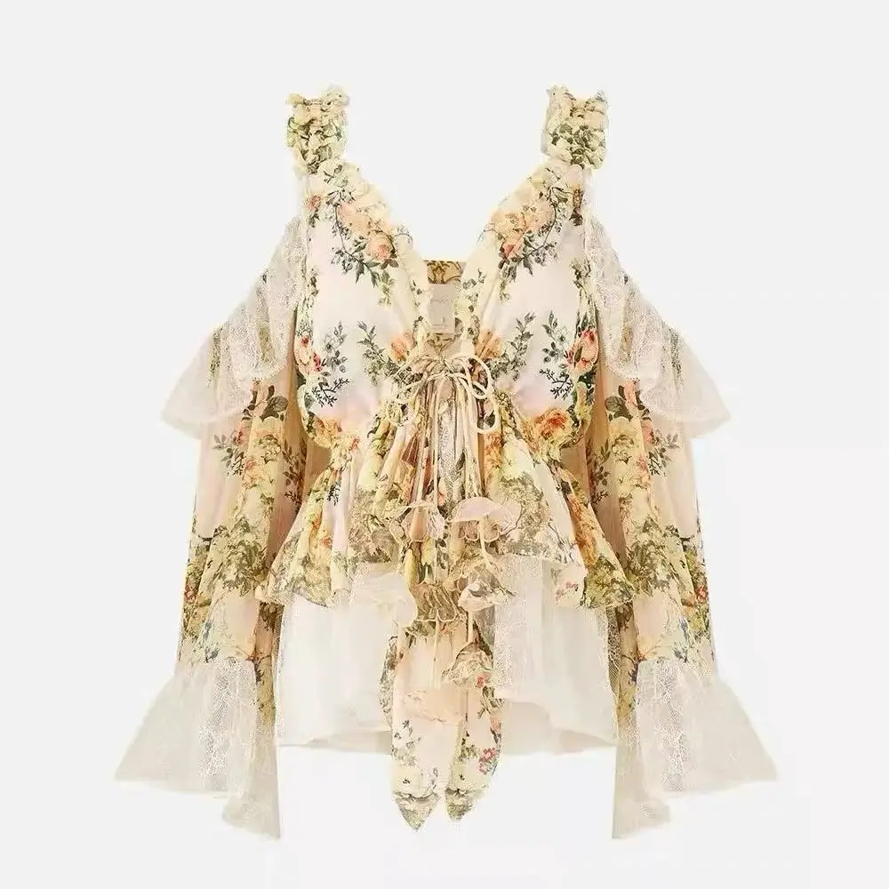 เสื้อผู้หญิงผ้าไหมแท้ 100% ลายดอกไม้ ปักลายลูกไม้ ตัดต่อผ้า แขนบานเปิดไหล่ สไตล์หรูหรา