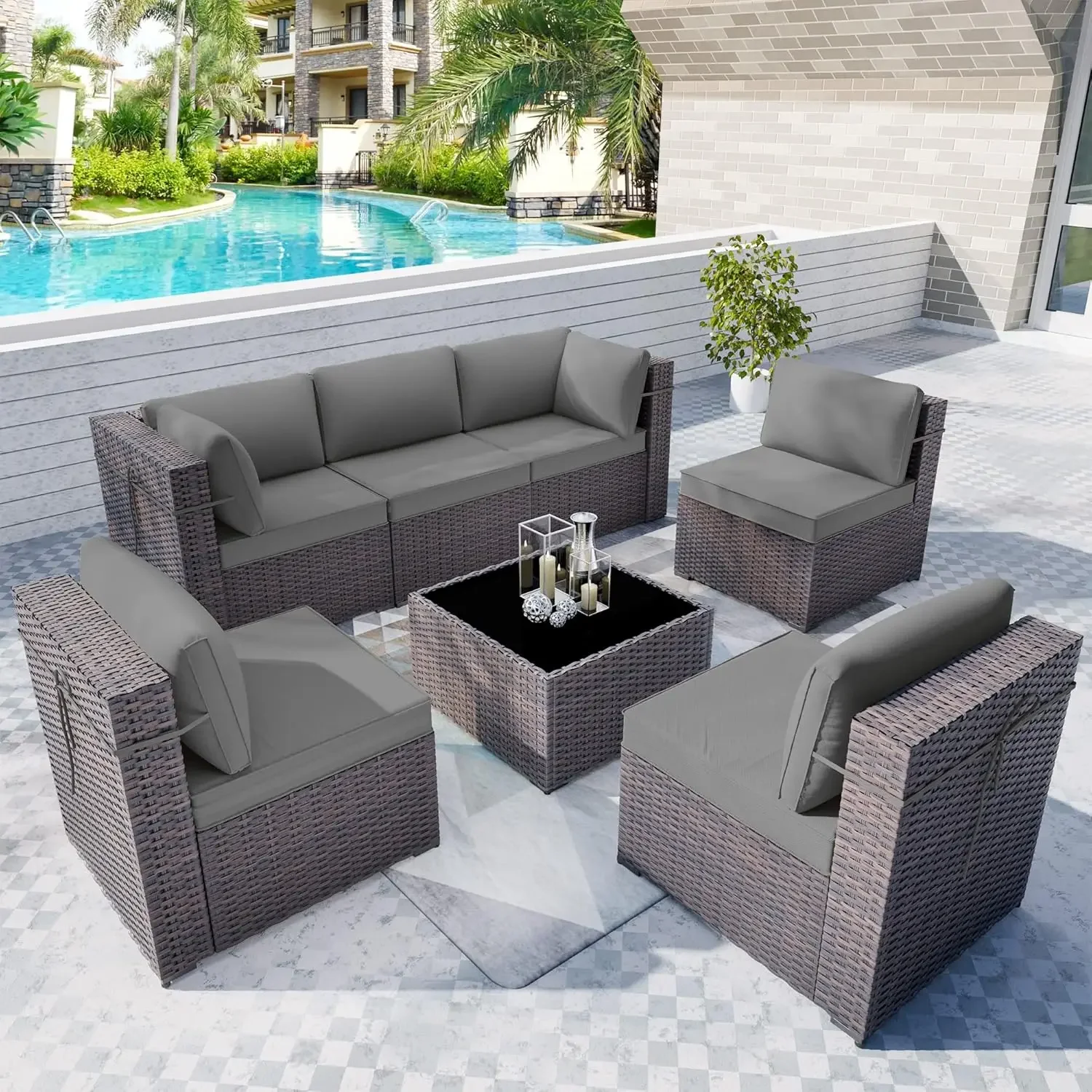 All-Weather Wicker Outdoor Patio Set Include Tempered Glass Coffee Table,Sofa,Cushion Set for Backyard, Poolside