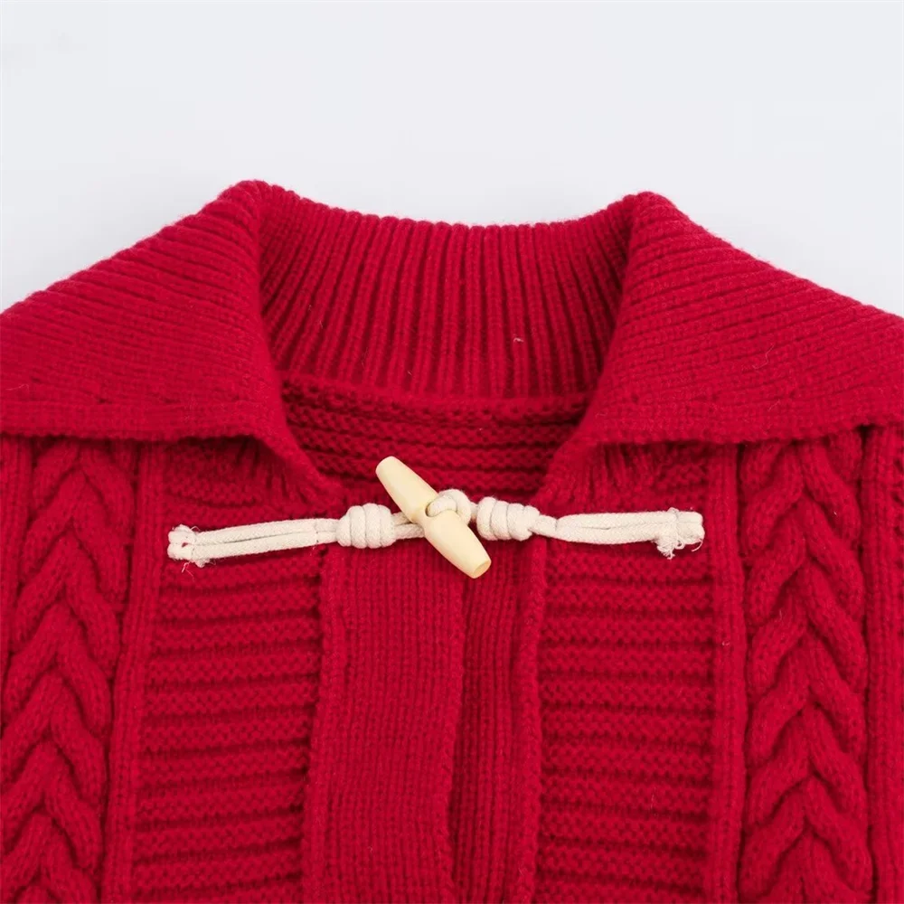 Pop 2024 Autumn New Product Women's Fashion Leisure Heavy Weight Collar Horn Button Knitted Cardigan Big Coat