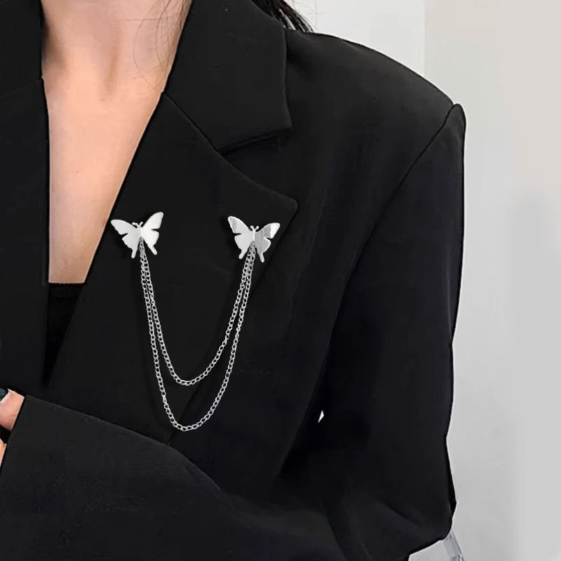 Punk Butterfly Brooches Silver Color Tassel Chain Lapel Pin Unisex Korean Accessories Clothing Decor