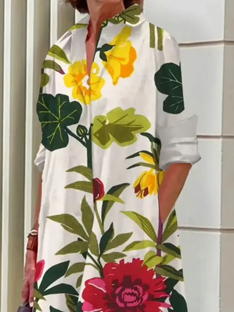 Missuoo 2024 Herbst Damen kleid Blumen druck Revers lange Ärmel geknöpft Hemd kleid Polyester lässig Pendel kleider