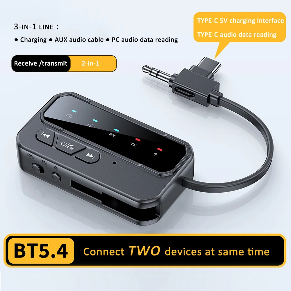 News 2 in 1 Bluetooth 5.4 Audio Receiver Transmitter 3.5MM AUX With Mic Music Wireless Adapter For Headphones PC TV Car Speakers
