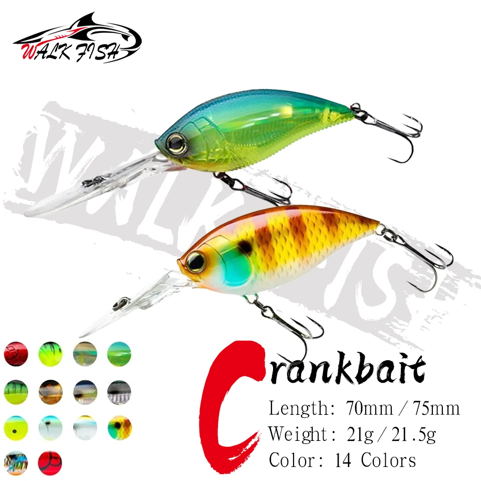 WALK FISH 1 Stück 70mm 75mm Crank-Angelköder mit 3D-Augen, Schwimmender Wobbler, Künstlicher Köder, Harter Köder, Angelzubehör für Meeresangeln und Forellenangeln