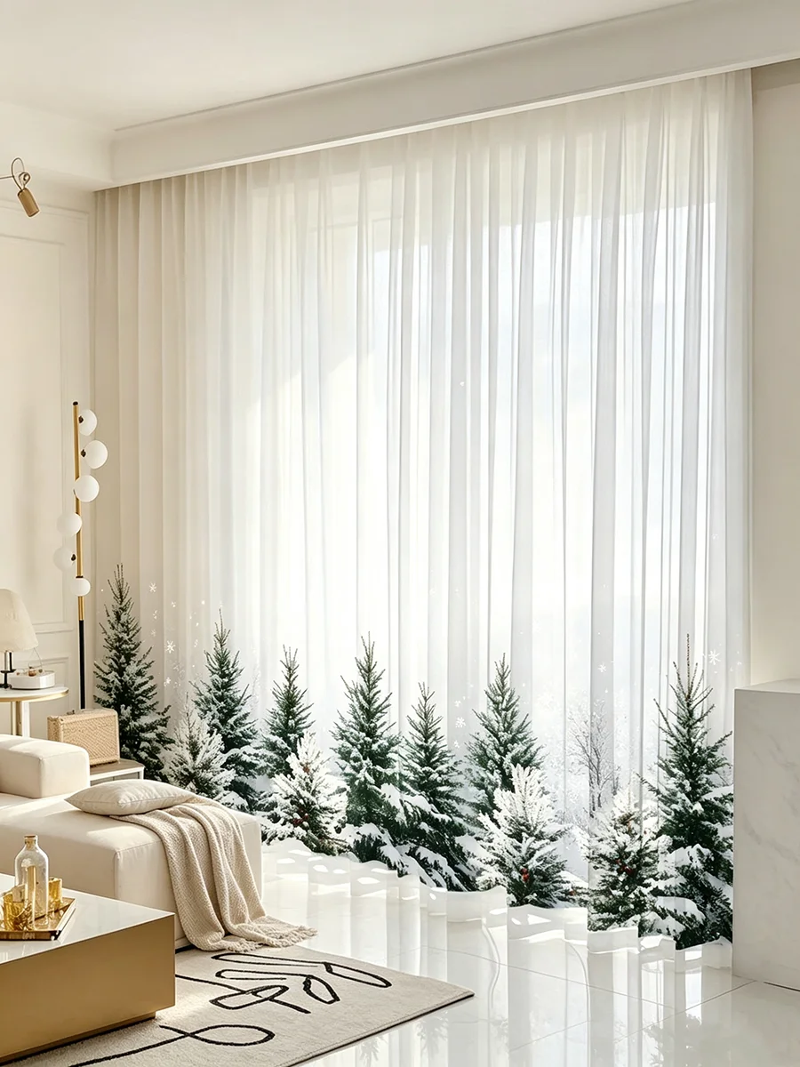 Snowy Pine Print Sheer Curtains, Rod Pocket, Polyester, Home Decor, Window Drapes, Bedroom Living Room, Serene Decor, Soft Sheer
