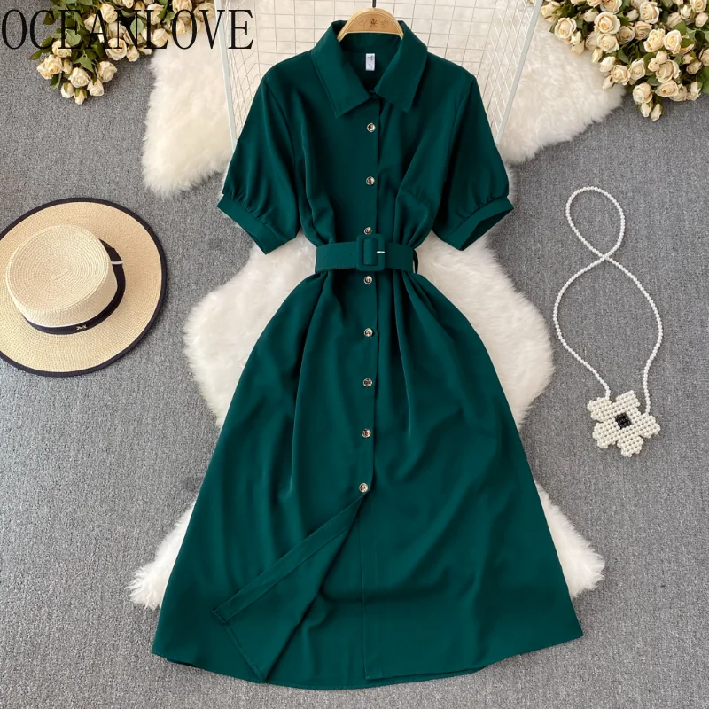 OCEANLOVE-Vestido camisero de manga corta con botonadura única para mujer, vestido liso con cuello vuelto, moda coreana Vintage