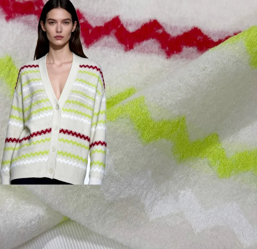 

100% шерсть, белая нижняя часть, вязаная шерстяная ткань в радужную полоску, куртка, кардиган, слегка эластичная ткань