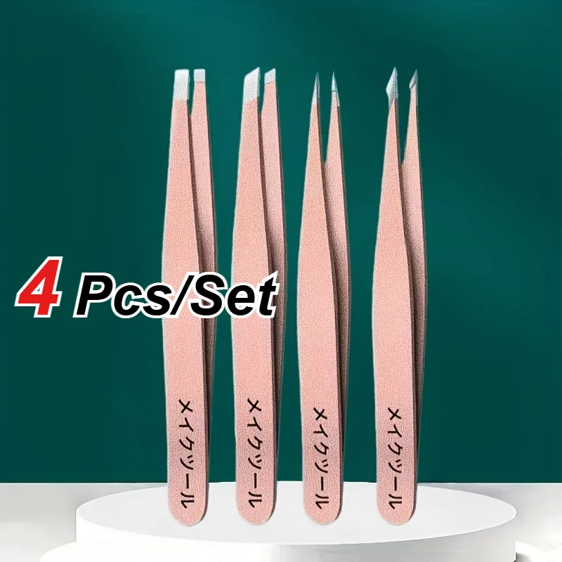 4 PCS/Set Rose Gold Stainless Steel Tweezers for Eyebrow Hair Removal, Debris Removal, Blackhead Removal, And Slanted Corners