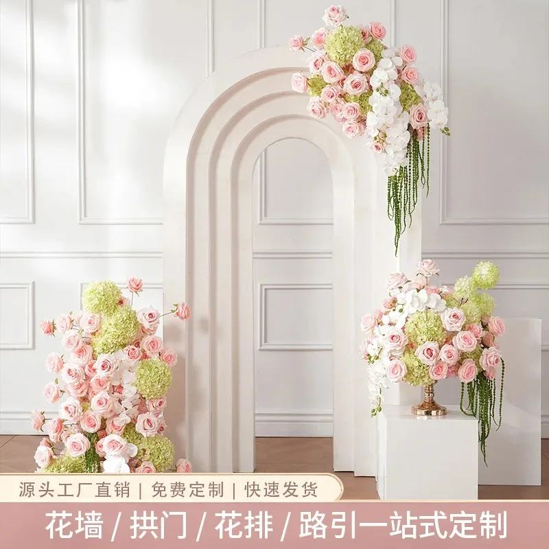 French pink and white simulated arch pollen rose hanging flower row wedding welcome background arrangement fake flower