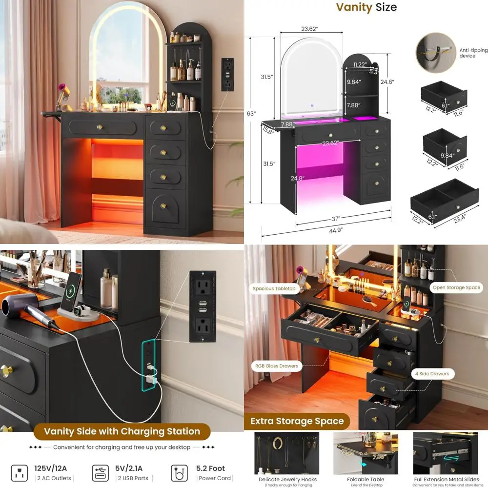illuminated led mirror vanity desk with rgb lighting, spacious makeup station featuring 5 drawers, 2 shelves, and foldable panel