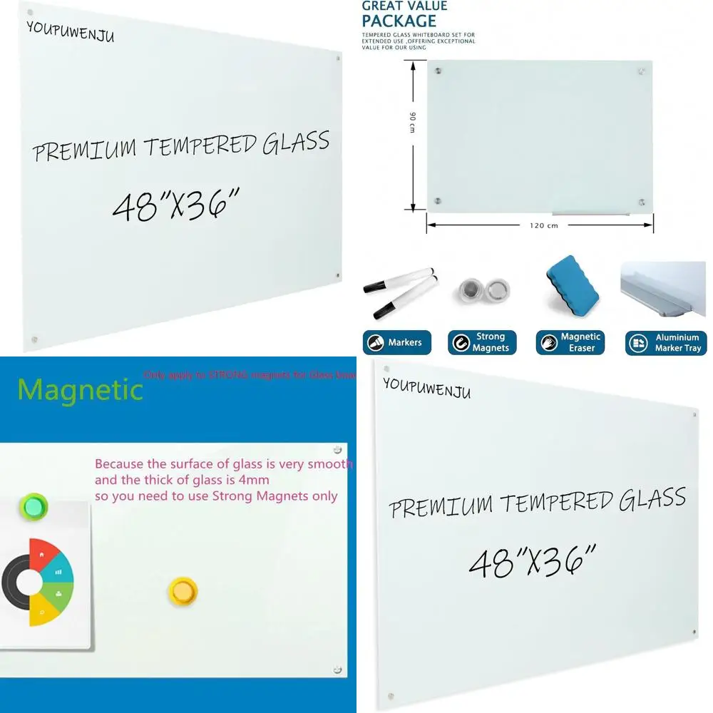 

48x36 Inch Wall-Mounted Frameless Magnetic Whiteboard - Premium Tempered Glass Dry Erase Board for Messages