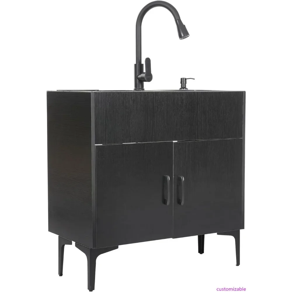 

Black Laundry Utility Sink with Matching Cabinet and Stainless Steel Basin
