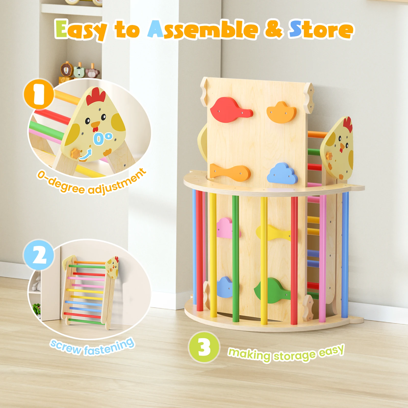 إطار تسلق للأطفال الصغار 7 في 1، ملعب داخلي، صالة الألعاب الرياضية، شريحة خشبية لتدريب الأطفال