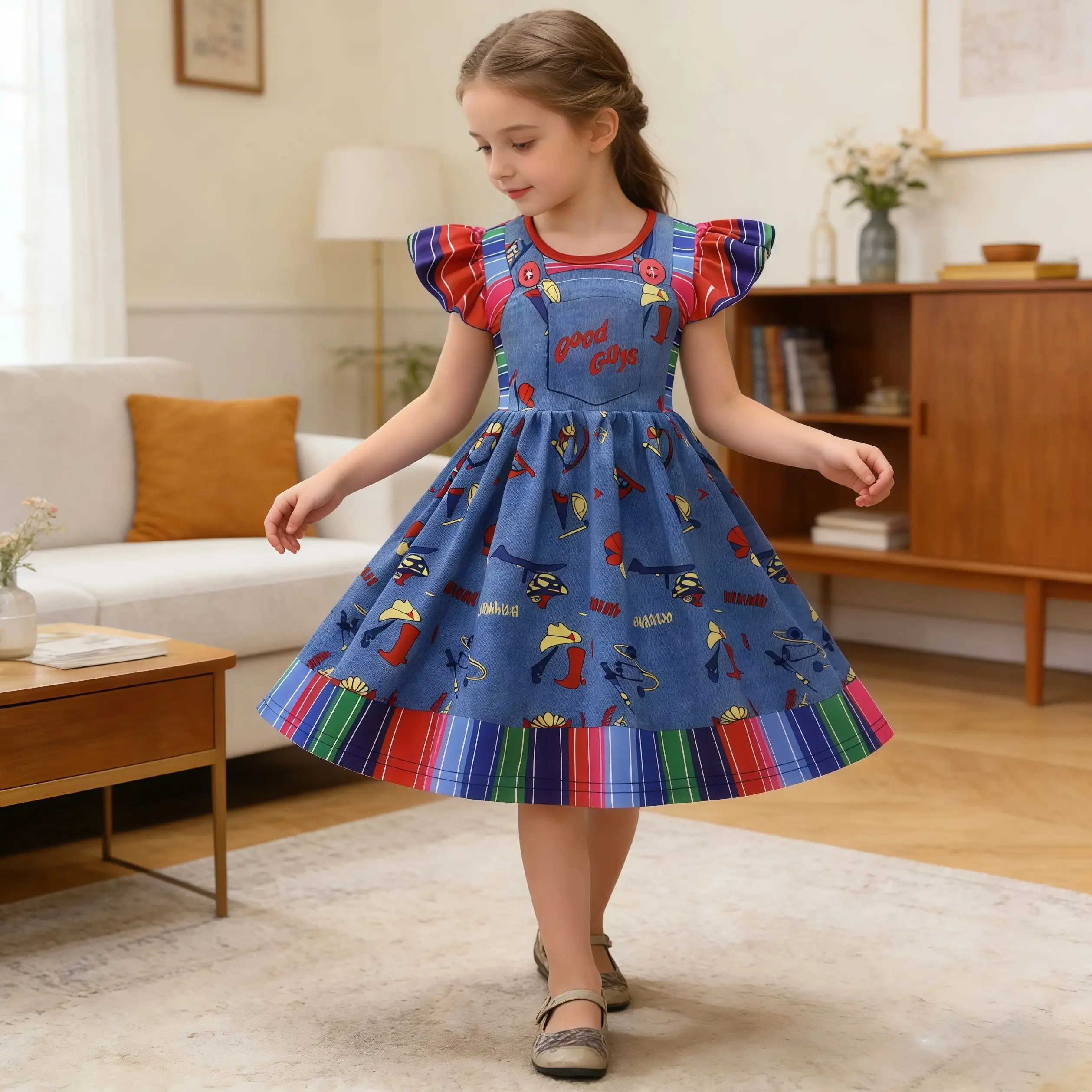 Horror Chucky Halloween Girls Costume Child Play Rainbow Striped Dress For Kids Birthday Gift Casual Festival Carnival Outfit