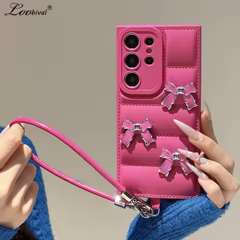 Cute Bowknot Down Jacket Lanyard Case for Samsung Galaxy S25 S24 S23 Ultra S22 Plus S21 FE A55 A54 A35 A15 A16 Wrist Strap Cover