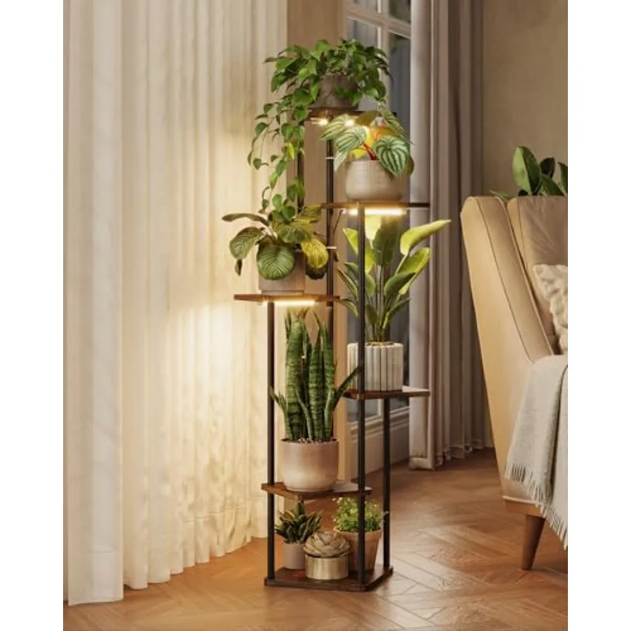 

Подставка для растений с фитолампой для комнатных растений, угловая 6-ярусная металлическая подставка для растений, высокая полка для растений, столик для цветов