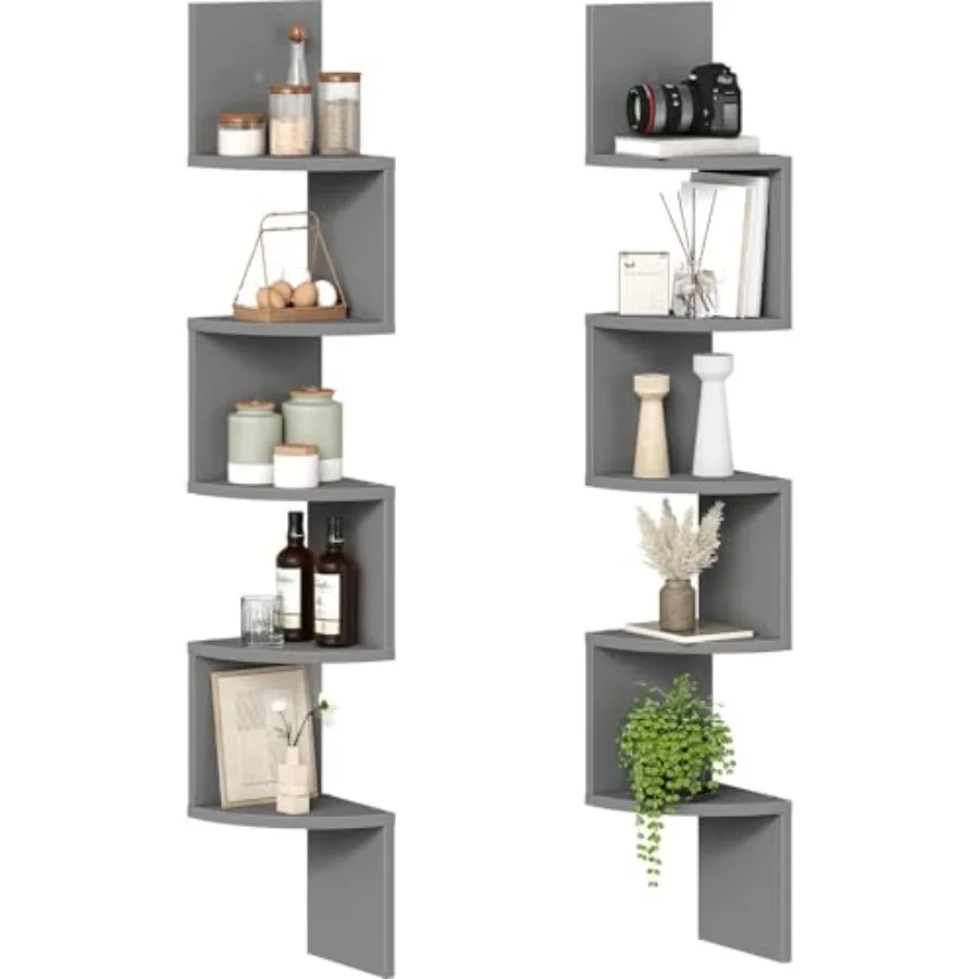 Corner Shelf Wall-Mounted, Set of 2 Floating Corner Shelves for Wall, 5-Tier Bookshelves for Wall Decor in Living Room, Bedroom