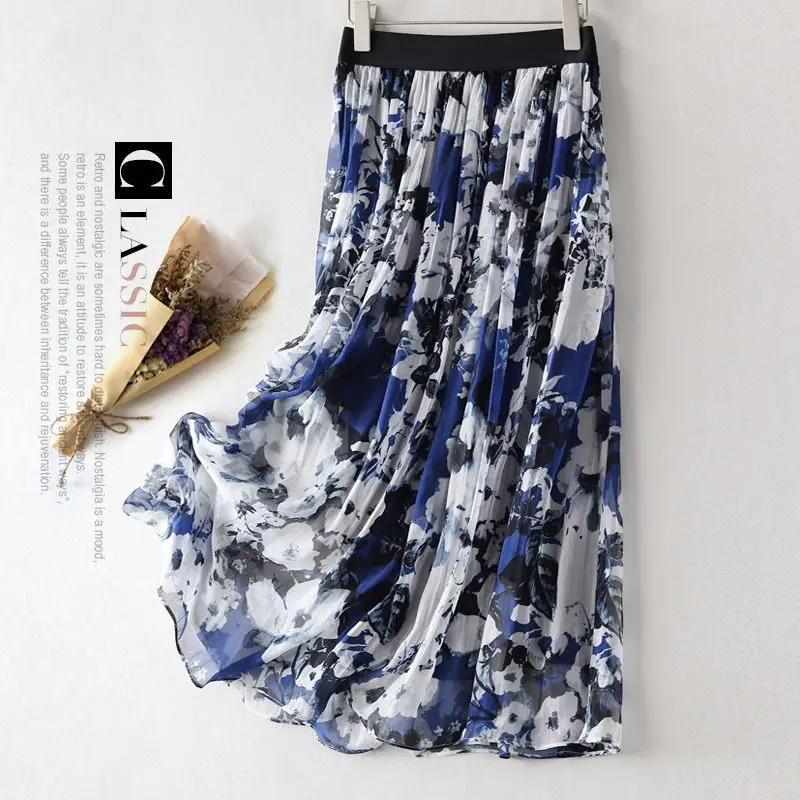 

2024 New,Spring Autumn Blue Wrap Skirts,Elastic High Waist Skirt,Women's Clothing,Summer A-line Slim Print Floral Skirt,127