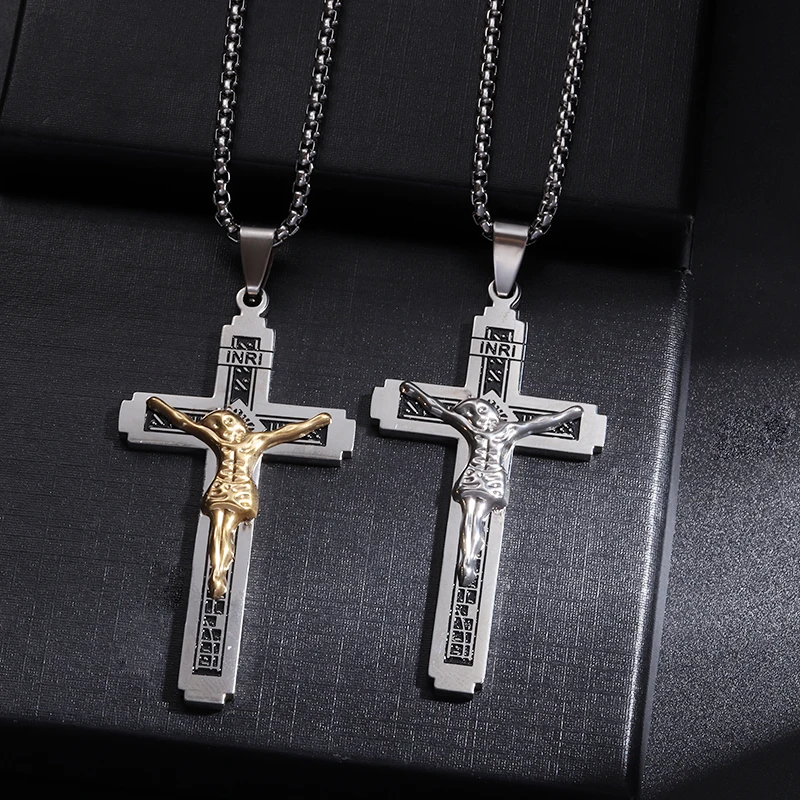 Stainless Steel Passion of Jesus Statue Cross Pendant Necklace Men Women Christian Prayer Amulet Religious Jewelry Gift