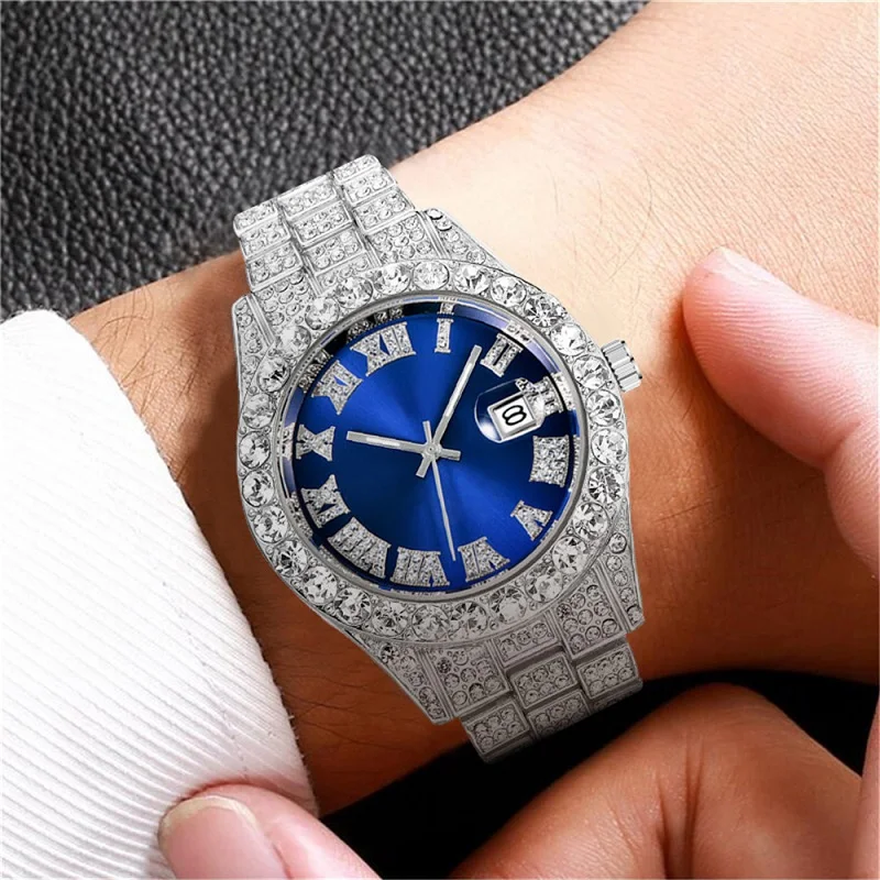 Reloj de pulsera de cuarzo para hombre, cronógrafo redondo de acero inoxidable, resistente al agua, estilo Hip Hop, regalo para novio