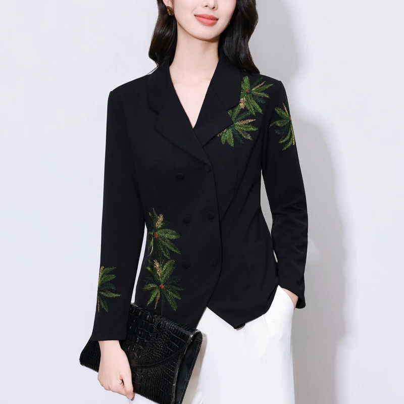 

Slimming Embroidery Temperament Blazers for Women Double Breasted Notched Lapel Long Sleeves Fashion Blazer Female Clothing New