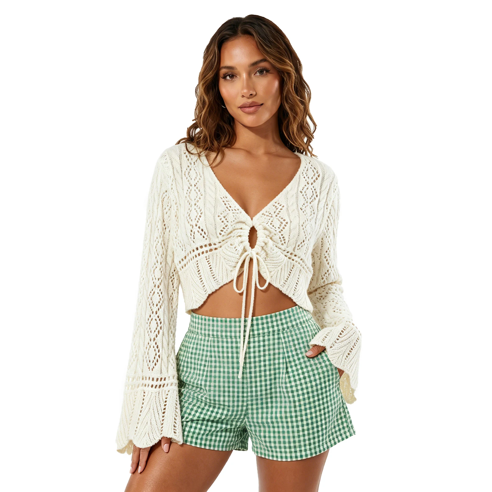 Women's Summer Lightweight Knit Cardigan Solid Color Hollow Out Eyelet Long Sleeve V-Neck Drawstring Tops