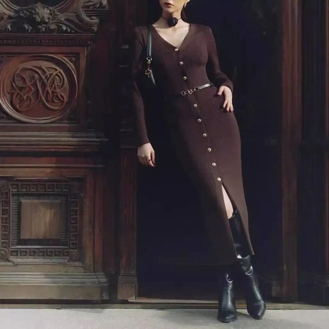 

Women Single-breasted Knitting Dress 2026 Spring Women's Knit Dress Long Sleeve Split Fitted Bodycon Cardigan Dress