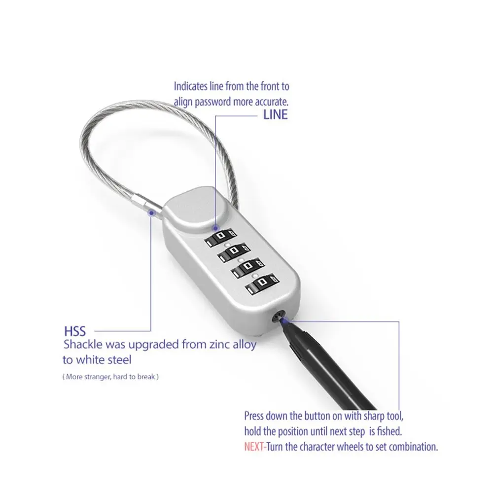 Portable Zinc alloy 4 Digit Password Lock Anti-theft Wire Rope Dormitory Cabinet Lock Padlock Backpack Zipper Lock Travel