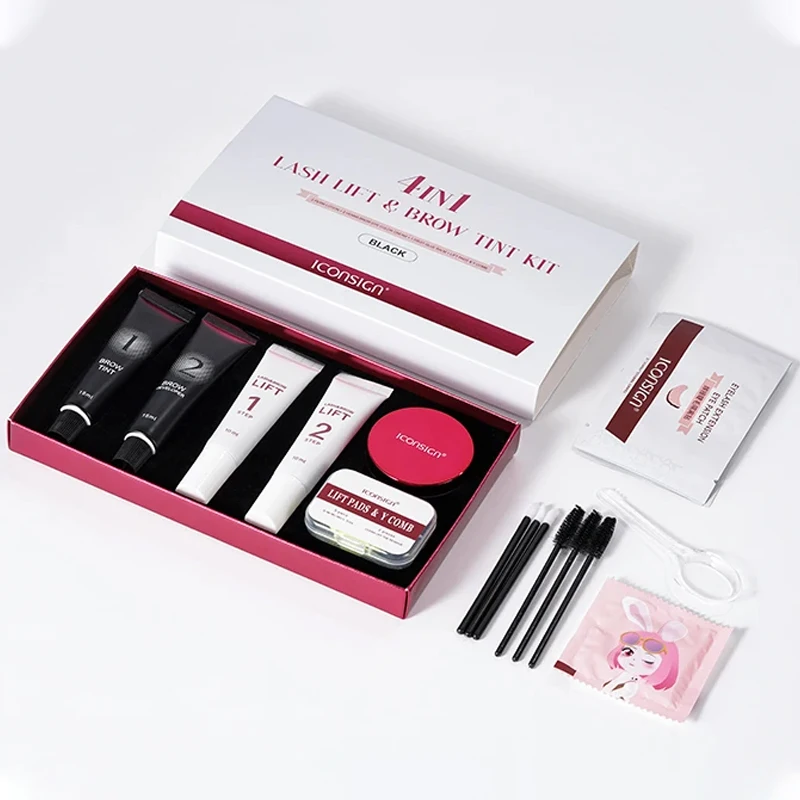 ICONSIGN 4 IN1 ชุด Lash Lift และ Tint Kit Eyelash Lifting Brow Tint Dye เครื่องมือแต่งหน้าตา Patch กาวบาล์มกาแฟสีดํา