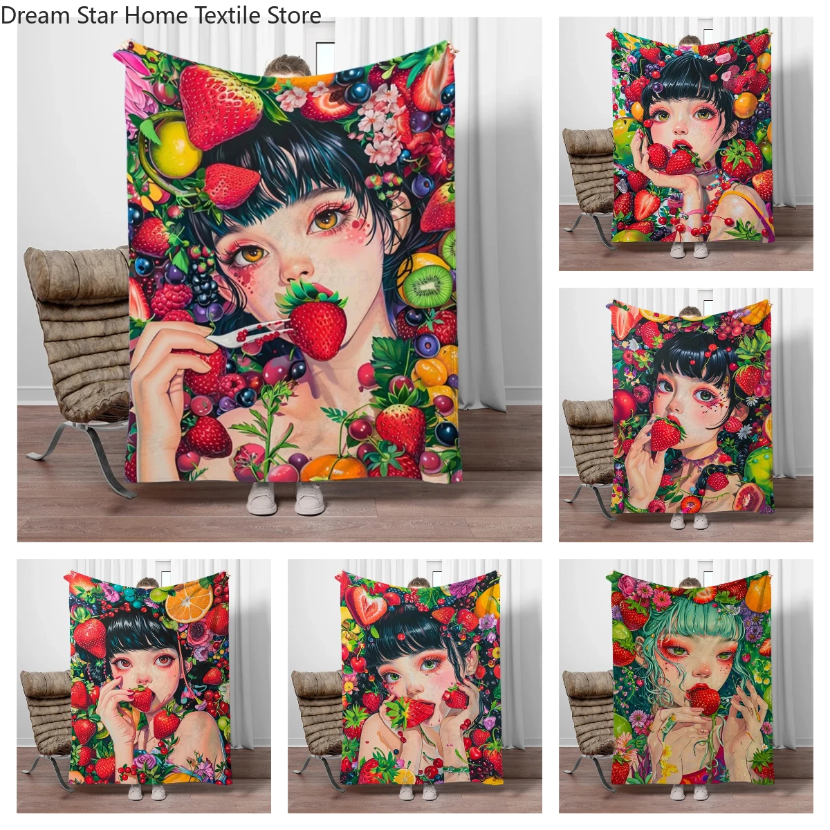 

Cute Strawberry Girl Flannel Blanket Children Warm Soft Blanket for Sofa Bed Cover Blanket Suitable for Birthday Souvenir Gifts