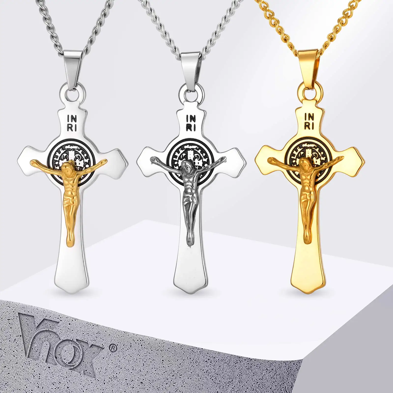 Vnox Saint Benedict Catholic Cross Pendant Necklace for Men Women, 50/60/70cm Stainless Steel Link Chain, Religious Jewelry Gift - view 4