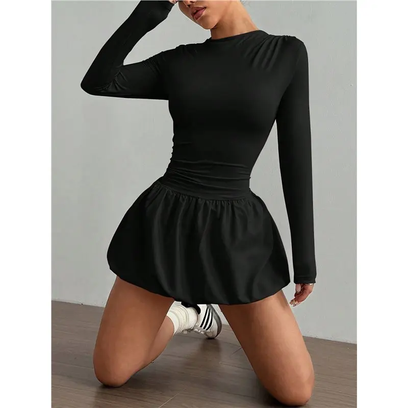 CYL-robe à bulles pour femmes, Mini robe trapèze découpée, ourlet à volants, dos nu, manches longues