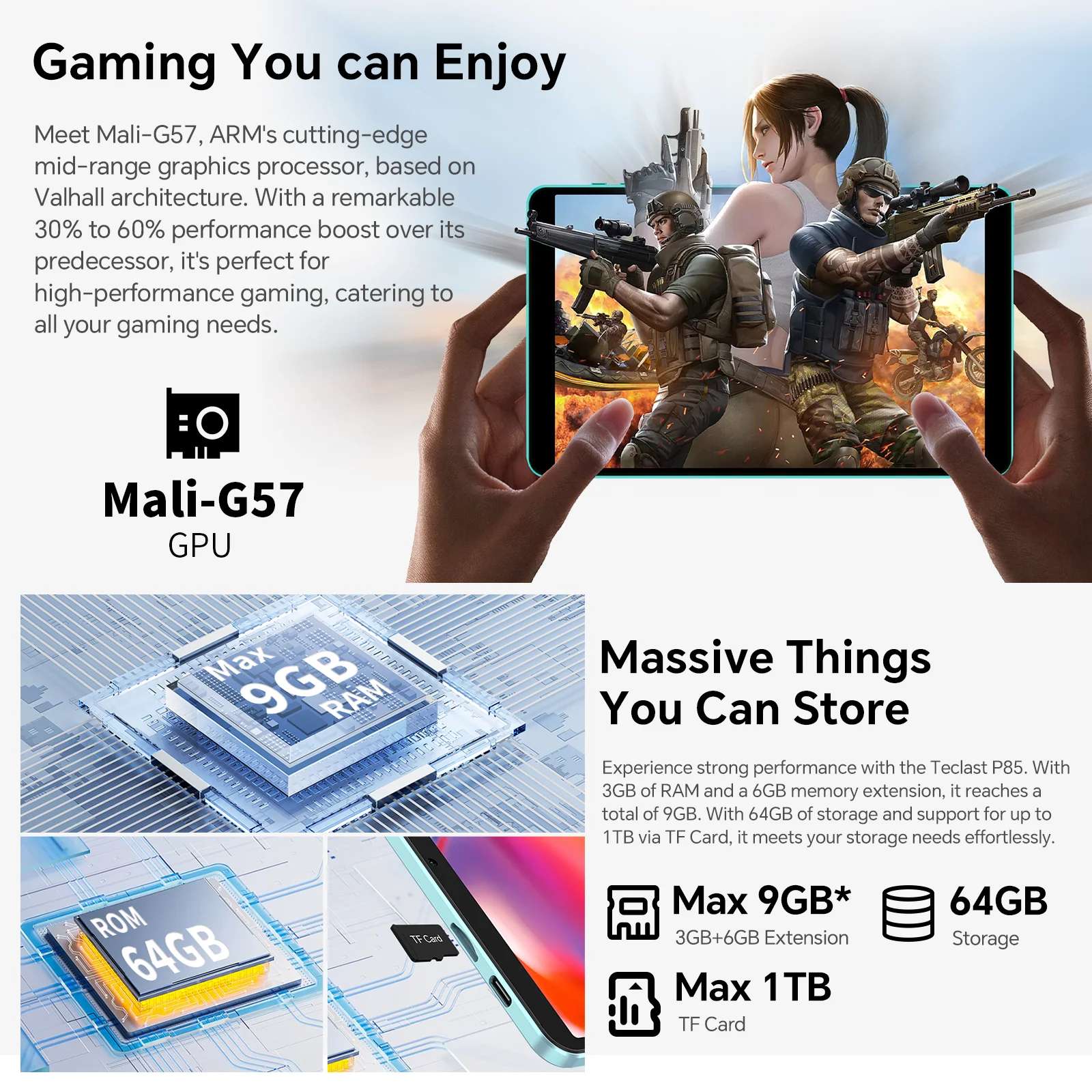 Teclast P85 2025 Android 15 แท็บเล็ต 8 "IPS 9GB(3GB + 6GB Expansion) RAM 64GB ROM A333 5-core Wi-Fi 6 Type-Cโลหะ 5000mAh