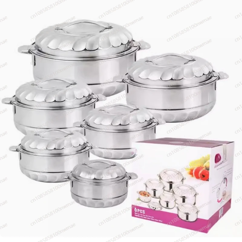 

6PCS Double-deck Stainless Steel Silver Pots Sets Cuisine Lunchboxes Heat Preservation Insulation Box Kitchen Food Container