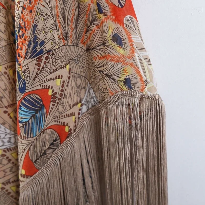 2021 Retro Printed Half Sleeve Cardigan Kimono Boho Fringed Tassels Cover Up Ankle Length Cape Beach Swimsuit