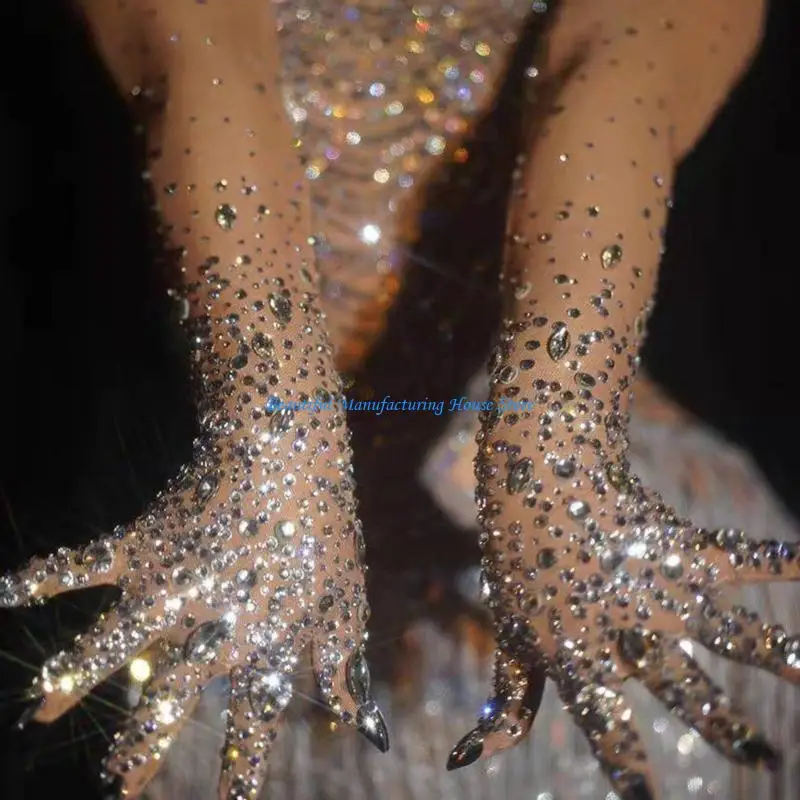 E56A 1pair Luxurious Rhinestones Meshes Gloves Wedding Mittens Long Women Mittens