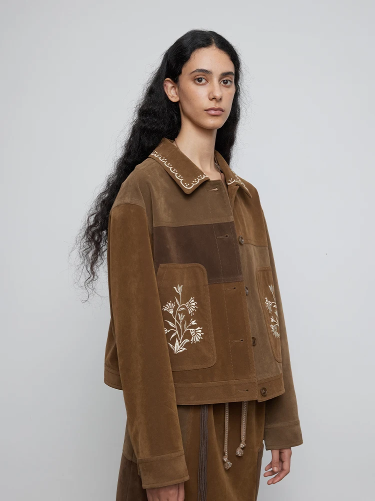 

Женская повседневная свободная куртка с вышивкой и контрастными вставками, весна-осень, модная, из полиэстеровой смеси