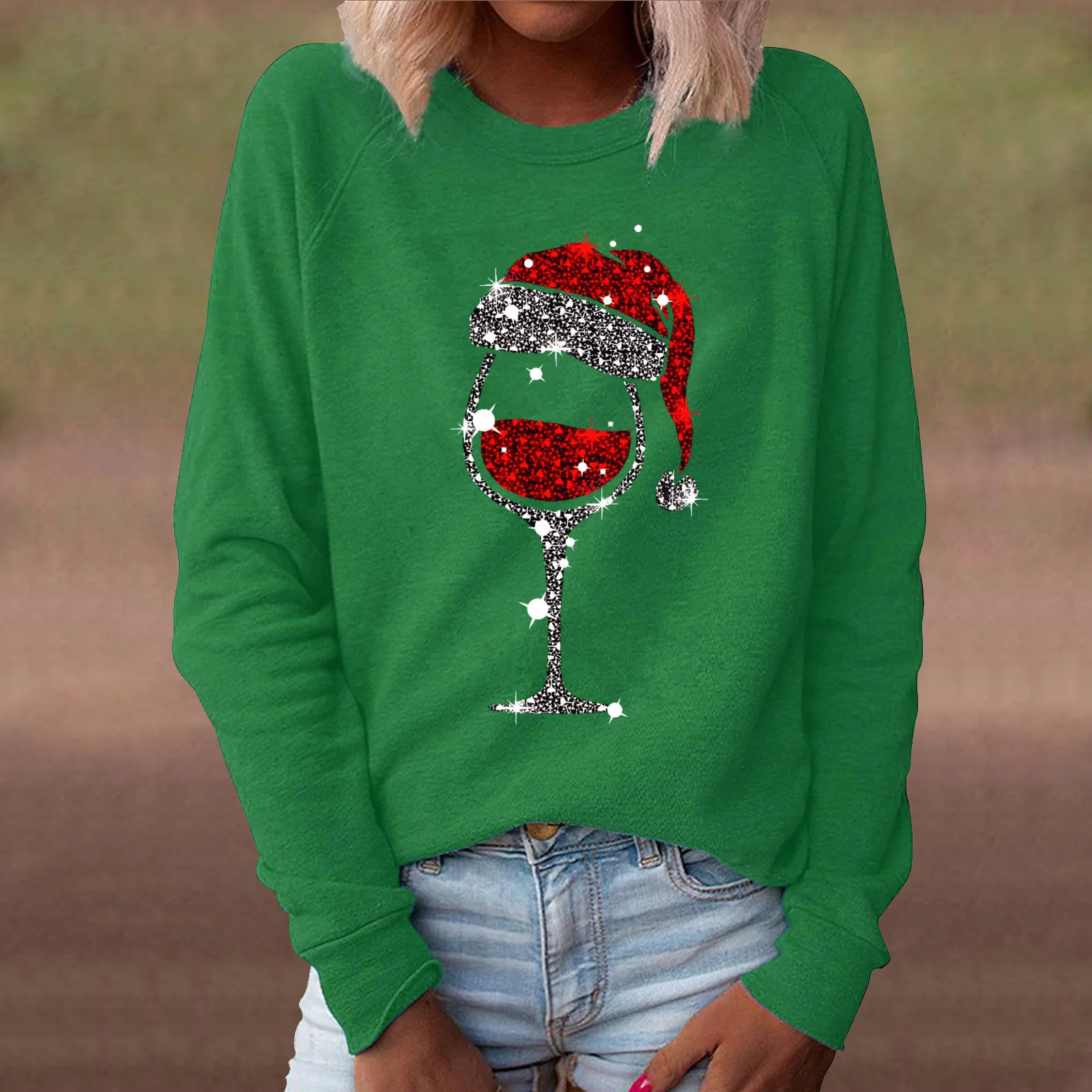 Christmas Print Red Wine Cup T-Shirt Women\'s Fashion Casual Round Neck Long Sleeve Pullover Sweater New 2023 Femme Clothing Tops