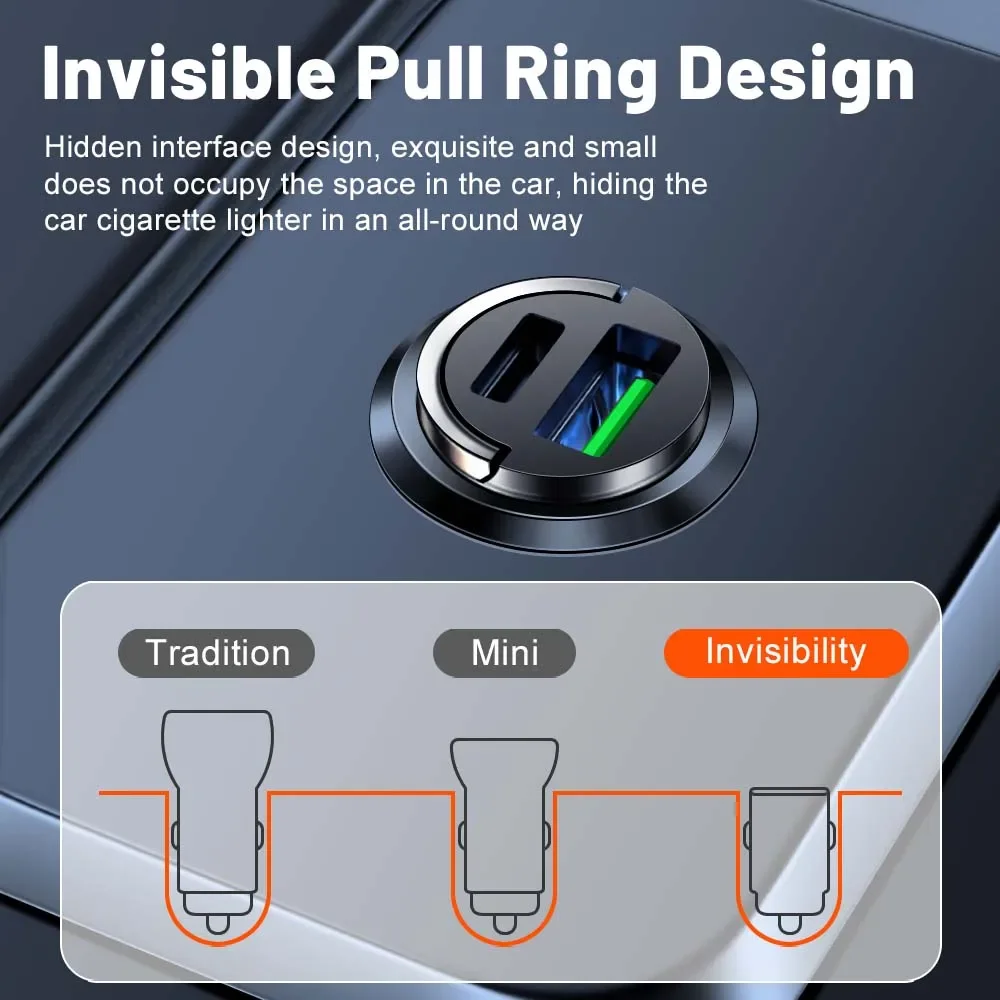 100W Mini Car Charger with Pull Ring QC3.0 PD Fast Charging 12-24V for iPhone Xiaomi Samsung Huawei Universal for All Car Models