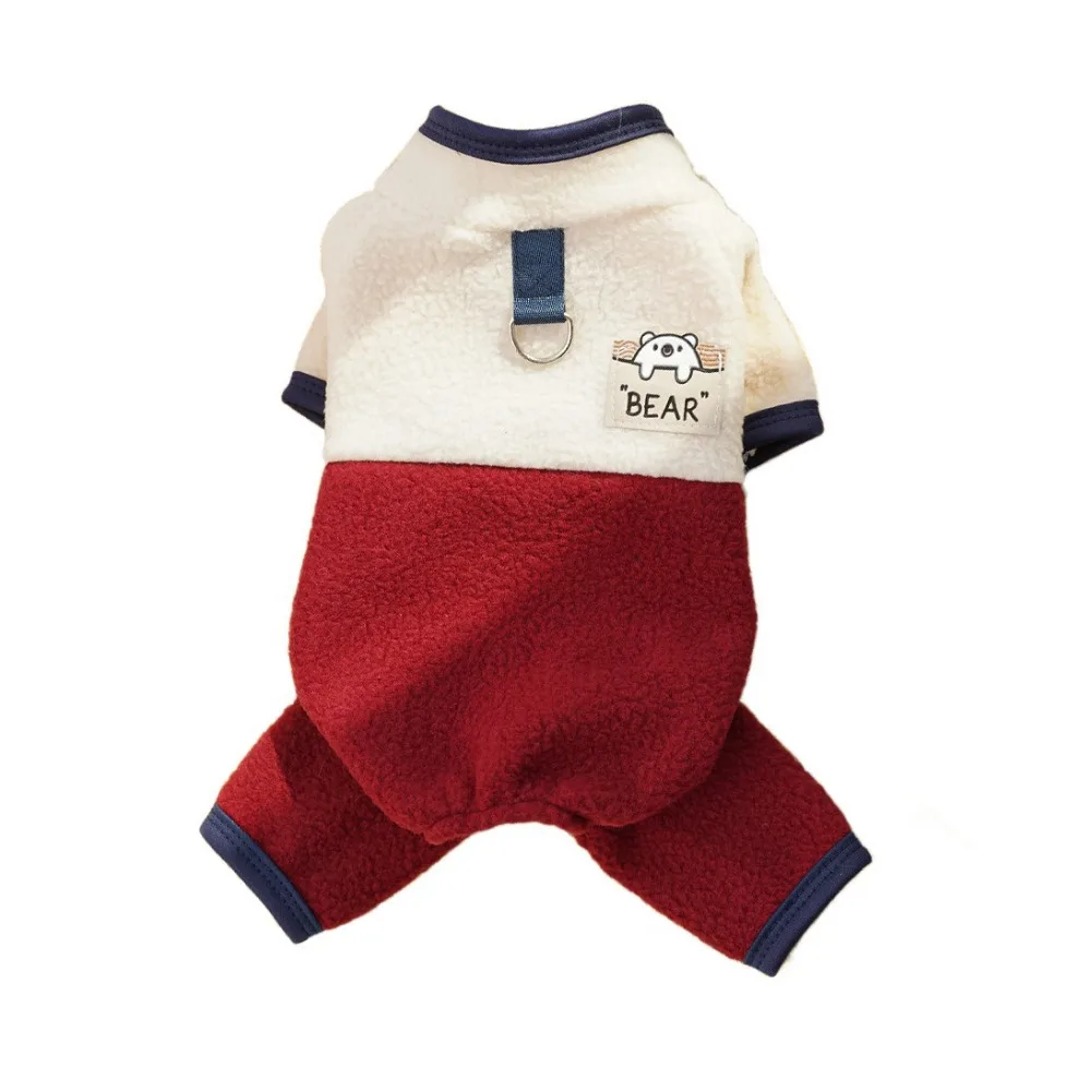 

Warm Dog Jumpsuit Cartoon Bear Pattern Stand Collar Puppy Harness Coat with D Ring Color-blocking Dog Four Legged Pants