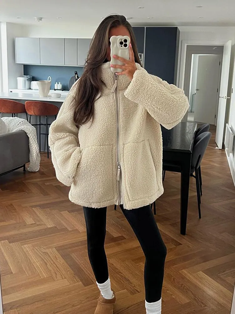 Winter Chique Meisje Lam Fleece Dames Korte Jas Met Rits Lange Mouwen Zak Warme Jas Mode High Street Dames Bovenkleding