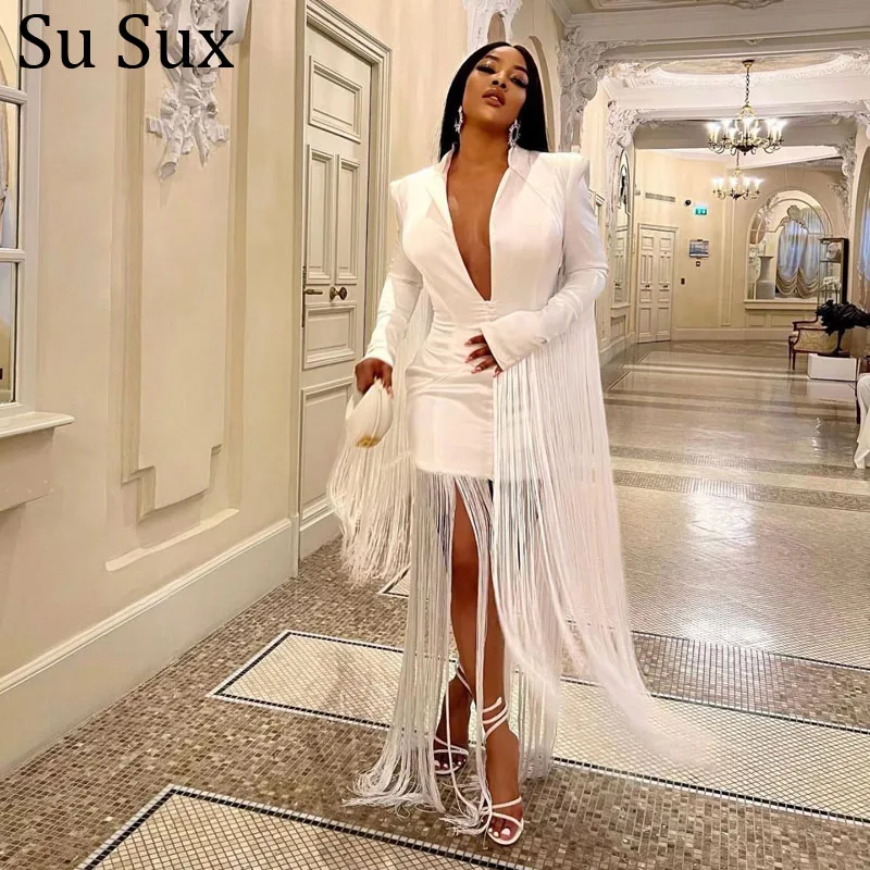 White Tassel Splicing Blazer Midi Bodycon Dress Women 2022 Evening Party Prom Botton Up High Waist Long Sleeve Dresses Clothing