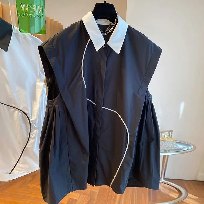 

Elegant Design Lineless Sleeveless Shirt Women Loose Slim Casual Chic Color-blocked Top