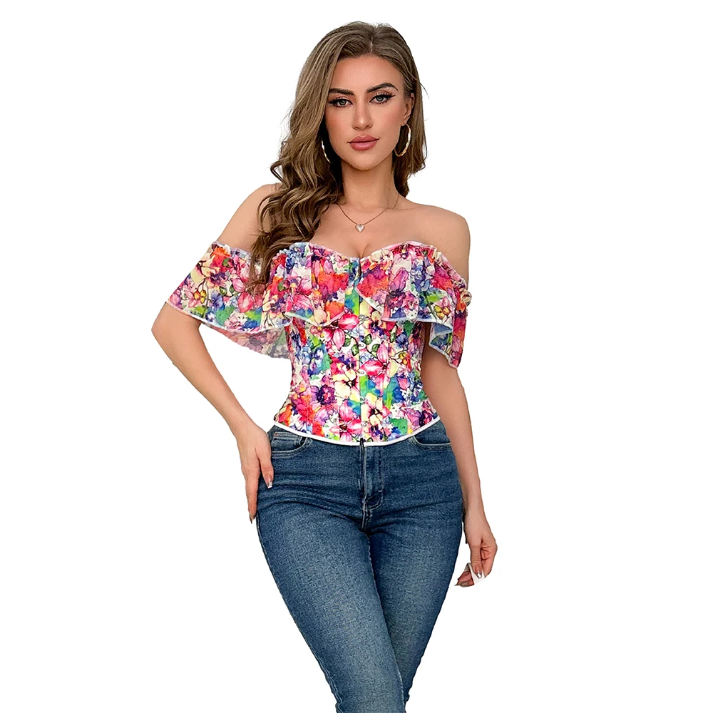 Fashion Floral Overbust Corset Off Shoulder Short Ruffle Sleeve Bustier Top Blouse Corselet Shirt